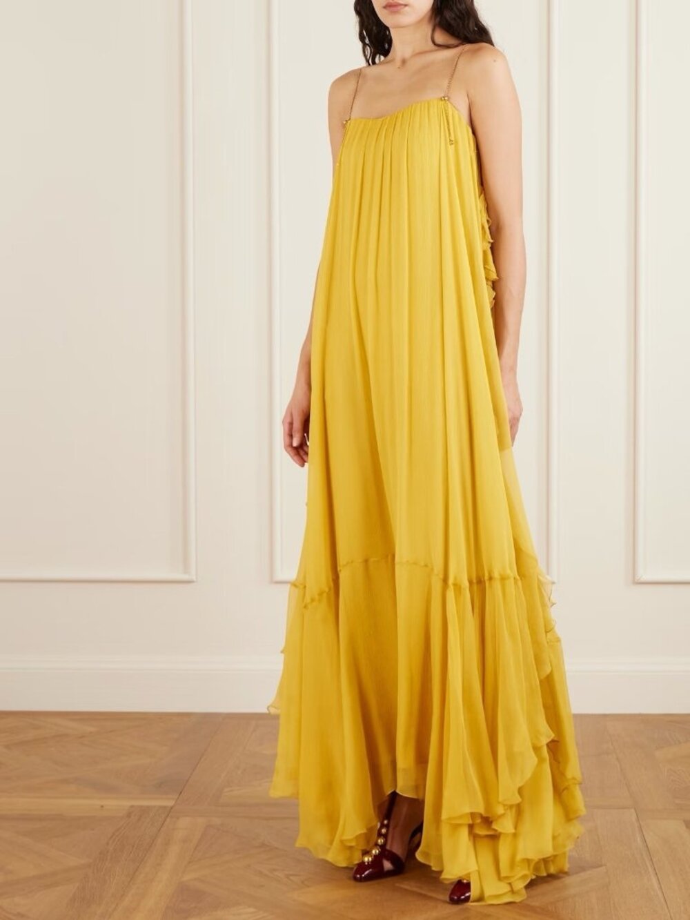 Chloe Silk Mousseline Gown in Mustard Yellow